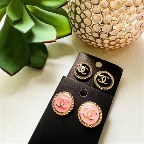 chanel logo stud earrings fake|Chanel button stud earrings.